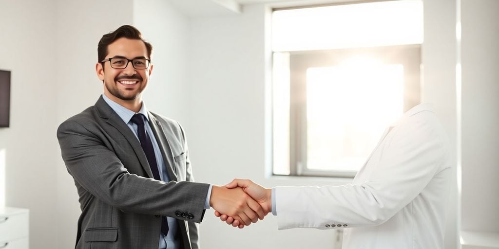 Orthodontist and consultant smiling, shaking hands.