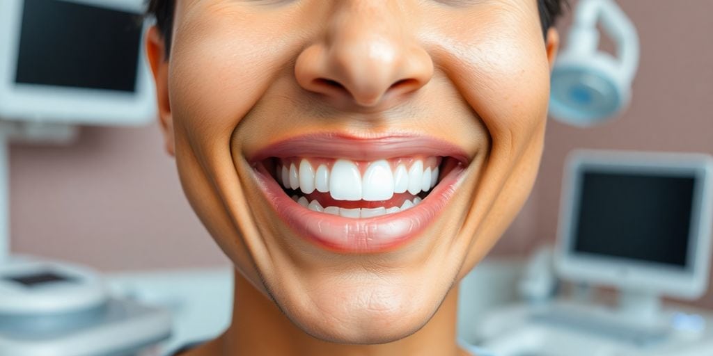 Orthodontist examining patient's healthy smile.