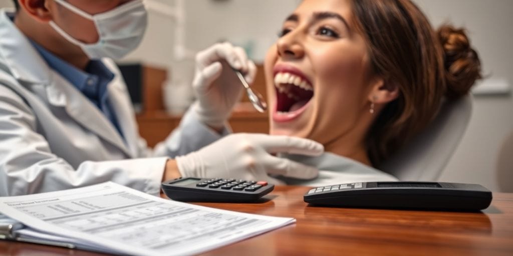 Dentist examining patient's teeth, financial documents nearby.