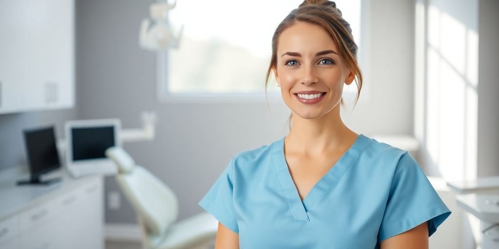 Smiling woman in scrubs, dental office background.