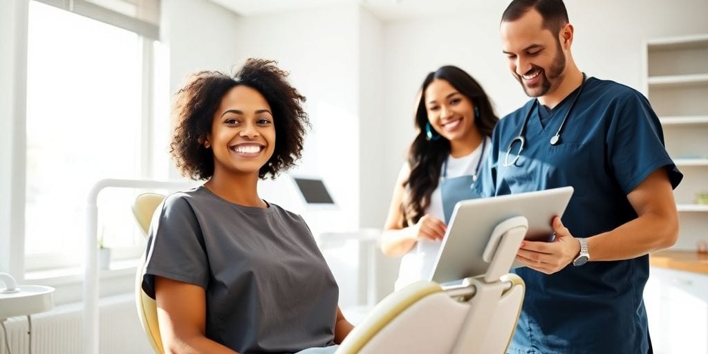 Modern orthodontic clinic, smiling patient, happy staff.