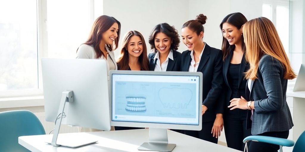 Professional women collaborate in modern dental office.