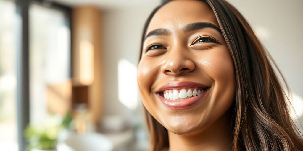 Orthodontic patient smiling, clear braces visible.