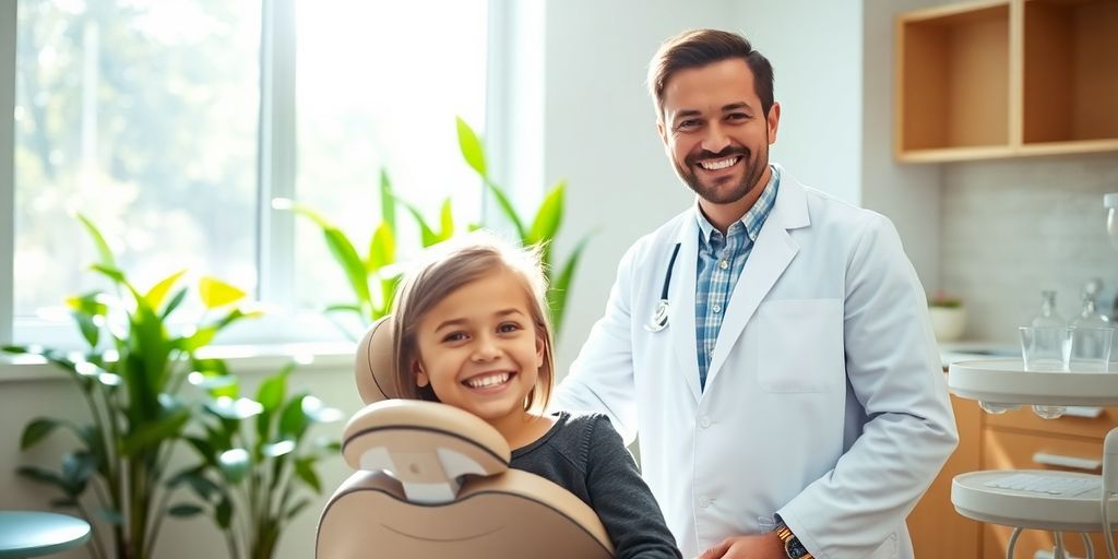 Smiling orthodontist and happy patient in clinic.
