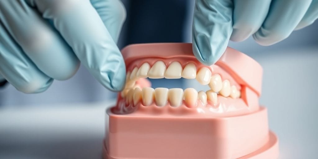 Orthodontist's hands, misaligned teeth model