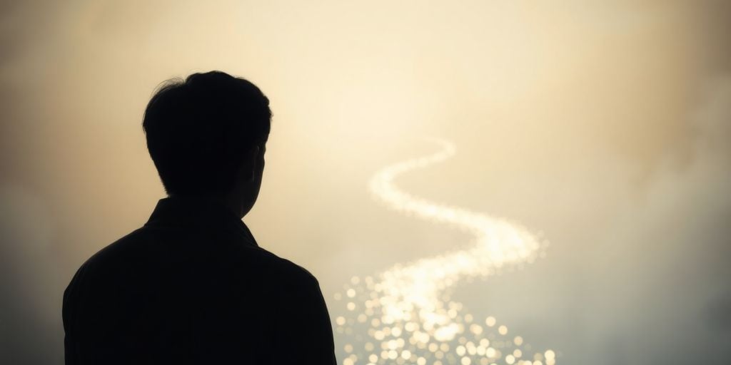 Person looking back at a glowing digital path.