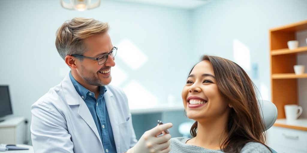 Orthodontist smiling at happy patient with gleaming teeth.