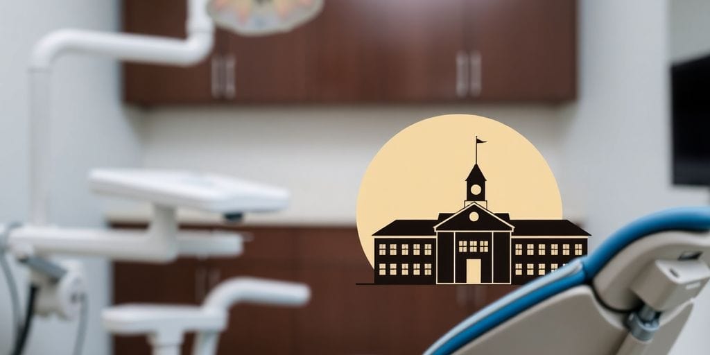 Dentist and school symbols connected by abstract lines.