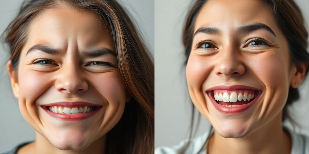 Failing smile contrasted with successful smile.